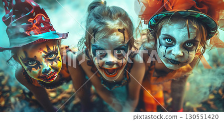 Children in costumes and makeup holiday happy Halloween background, Happy Halloween - Ai Generated 130551420