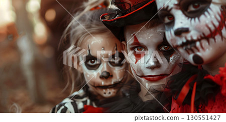 Children in costumes and makeup holiday happy Halloween background, Happy Halloween - Ai Generated 130551427