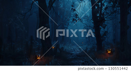 Dark night forest background, Happy Halloween - Ai Generated 130551442