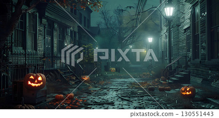 Empty Spooky street scene background, Happy Halloween - Ai Generated 130551443