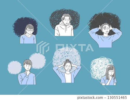 Illustration set of a business person with a speech bubble of confused emotions 130551465