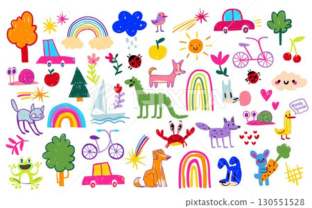 Playful doodle set with kid rainbow school items 130551528