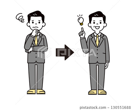 Full-body vector illustration of a businessman's boss in a troubled pose and a problem-solved pose 130551688
