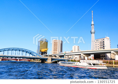 View of Asakusa, Tokyo from a water bus 130551725