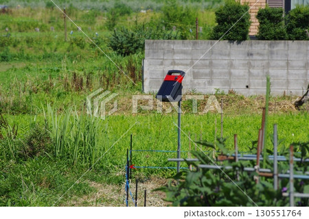 Solar-powered electric fence installed in a vegetable field Solar-powered electric fence installed in a vegetable field 130551764