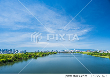 Yodo River scenery from Sugawara Johoku Bridge, Osaka City 130551825