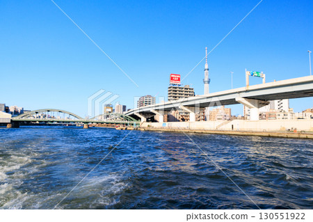 View of Asakusa, Tokyo from a water bus 130551922