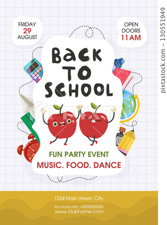Back to school template vector poster background. Two red apples are dancing on a notebook background with study supplies around 130551949