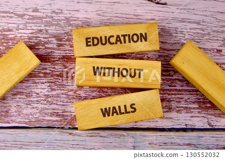 Copy space; Concept words EDUCATION WITHOUT WALLS is assembled from blocks on wooden boards, top view Copy space; Concept words EDUCATION WITHOUT WALLS is assembled from blocks on wooden boards, top view 130552032