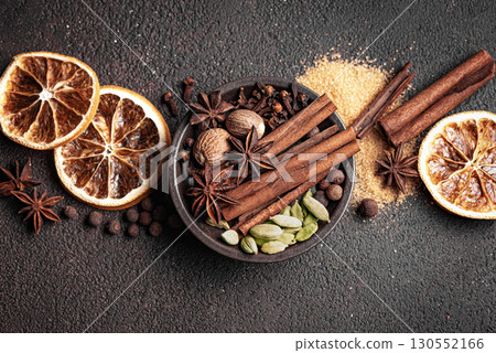 Christmas spices. Seasonal winter spices for mulled wine. Christmas spices. Seasonal winter spices for mulled wine. 130552166