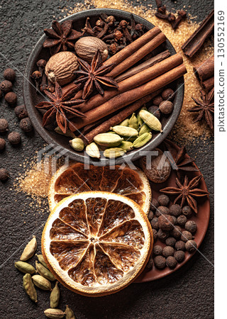 Christmas spices. Seasonal winter spices close up. 130552169