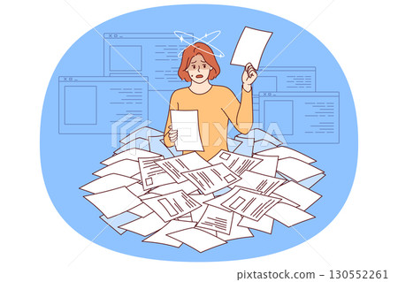 Paperwork and bureaucracy make woman recruiter dizzy as she looks through mountain of paper resumes Paperwork and bureaucracy make woman recruiter dizzy as she looks through mountain of paper resumes 130552261