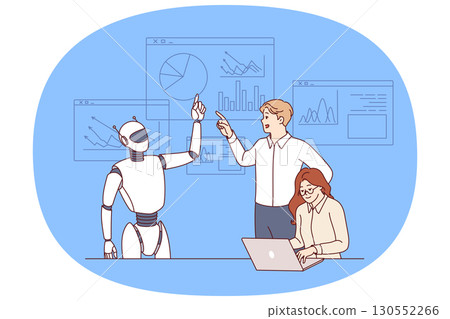 Business meeting of robot and office employees discussing plans to achieve financial goals Business meeting of robot and office employees discussing plans to achieve financial goals 130552266