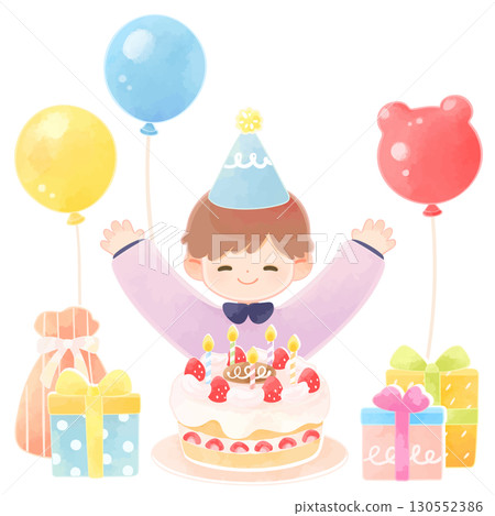 Smiling boy with birthday cake and present Smiling boy with birthday cake and present 130552386