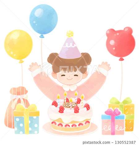 Smiling child girl with birthday cake and present Smiling child girl with birthday cake and present 130552387