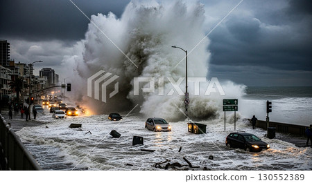 High wave and tsunami disaster image 130552389