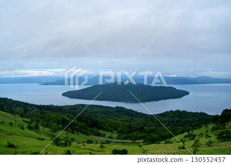 Lake Kussharo and Nakajima Island seen from the Bihoro Pass observation deck Lake Kussharo and Nakajima Island seen from the Bihoro Pass observation deck 130552457