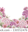 Flower arrangement of hydrangea, cosmos, small various flowers and herbs. Watercolor botanical illustration, suitable for greeting cards, wedding design, invitations, packaging and floristry. 130552476