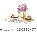 Picnic, on a blanket there is a vase with a bouquet of hydrangeas, butterflies, a straw hat, a cake on a stand. Watercolor illustration, for summer cards, invitations to a picnic, weddings, birthdays. 130552477