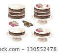 Cake with chocolate layers, white butter cream, flower and raspberry decoration on a stand. Watercolor set of illustrations related to cake, for confectioneries, bakeries, sweet products decoration. 130552478