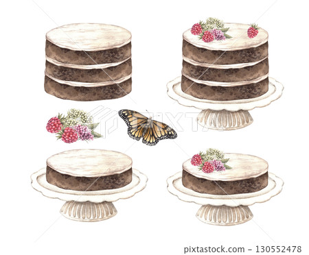 Cake with chocolate layers, white butter cream, flower and raspberry decoration on a stand. Watercolor set of illustrations related to cake, for confectioneries, bakeries, sweet products decoration. 130552478