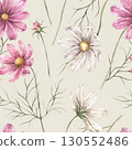 Pink and white cosmos flowers with green leaves. Watercolor botanical seamless pattern on light green background, suitable for wrapping paper, textile prints, various floral designs, floristry. 130552486