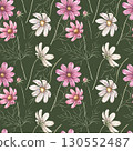 Pink and white cosmos flowers with green leaves. Watercolor botanical seamless pattern on dark green background, suitable for wrapping paper, textile prints, various floral designs, floristry. 130552487