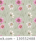 Pink and white cosmos flowers with green leaves. Watercolor botanical seamless pattern on green background, suitable for wrapping paper, textile prints, various floral designs, floristry. 130552488