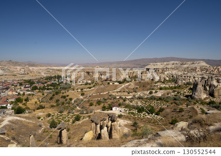 Türkiye Cappadocia strange rock mountain desert blue sky 130552544