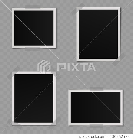Realistic blank instant photo frames with adhesive tape mockup. Vector 130552584