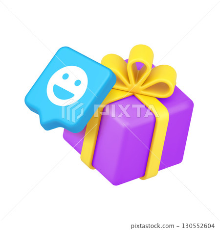 3d Realistic Icon Of Purple Gift Box With Yellow Ribbon And Blue Smiley Speech Bubble For Celebration Joy 130552604