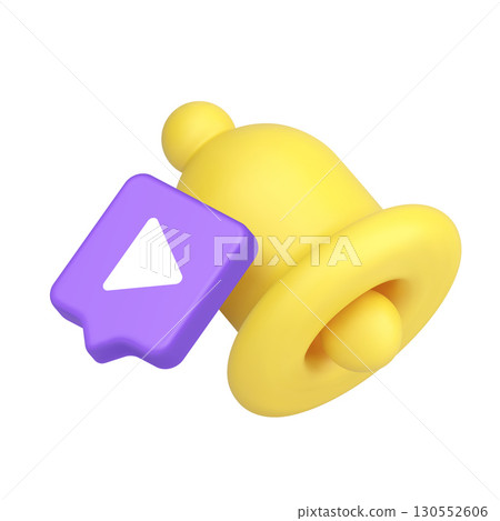 3d Realistic Icon Yellow Bell Notification And Purple Play Button In Speech Bubble 130552606
