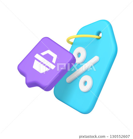 3d Realistic Icon Blue Discount Tag And Purple Shopping Cart In Speech Bubble 130552607