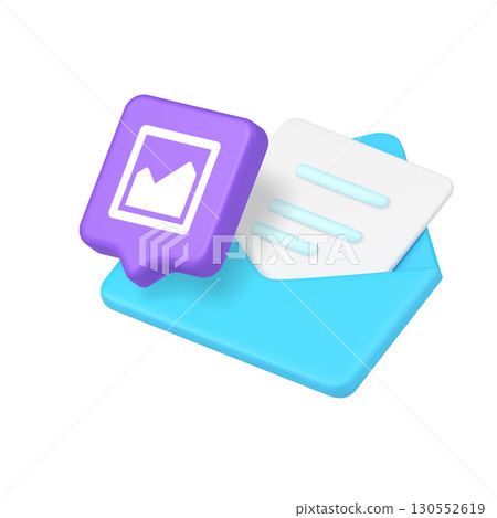 3d Realistic Icon Of Blue Open Letter And White Speech Bubble With Landscape Picture For Communication 130552619