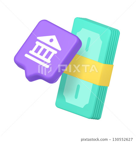 3d Realistic Icon Of Blue Money Stack With Yellow Ribbon And Pink Bank Building For Financial Services 3d Realistic Icon Of Blue Money Stack With Yellow Ribbon And Pink Bank Building For Financial Services 130552627