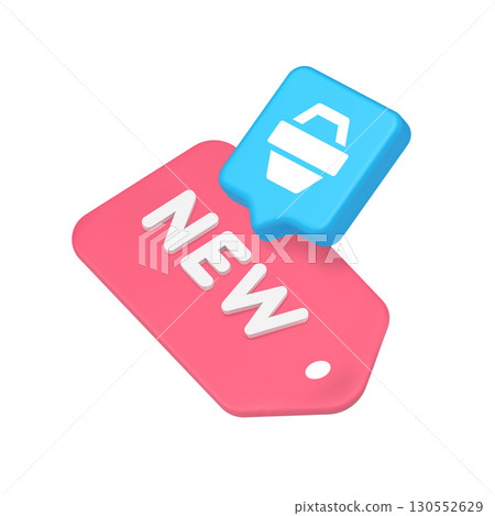 3d Realistic Icon Of Pink New Tag And Blue Shopping Cart Speech Bubble For Product Launch Promotion 3d Realistic Icon Of Pink New Tag And Blue Shopping Cart Speech Bubble For Product Launch Promotion 130552629
