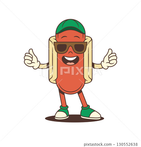 Confident Hotdog Mascot Wearing Sunglasses and Spreading Arms in Fun Friendly Pose Vector Illustration Confident Hotdog Mascot Wearing Sunglasses and Spreading Arms in Fun Friendly Pose Vector Illustration 130552638