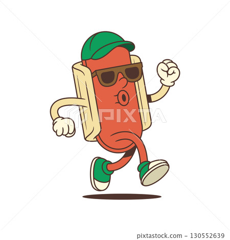 Running Hotdog Mascot in Sunglasses with Determined Face and Energetic Pose Vector Illustration 130552639