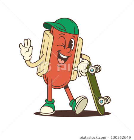 Cool Hotdog Mascot Standing with Skateboard Waving Hand with Confident Vibe Vector Illustration 130552649