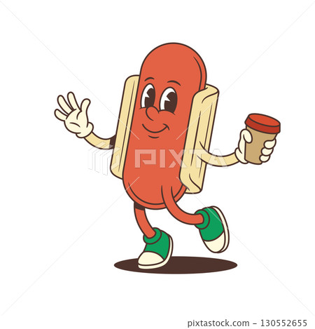 Hotdog Mascot Holding Coffee Cup and Waving with Cheerful Vibe and Casual Pose Vector Illustration Hotdog Mascot Holding Coffee Cup and Waving with Cheerful Vibe and Casual Pose Vector Illustration 130552655