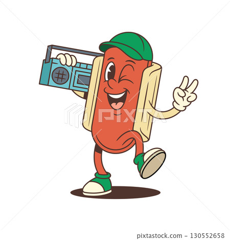 Cheerful Hotdog Mascot Winking with Boombox and Peace Sign Energetic Style Vector Illustration Cheerful Hotdog Mascot Winking with Boombox and Peace Sign Energetic Style Vector Illustration 130552658