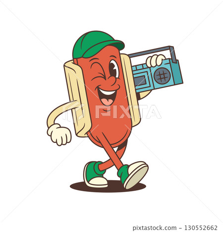 Energetic Hotdog Mascot Winking and Carrying Boombox on Shoulder Vector Illustration Energetic Hotdog Mascot Winking and Carrying Boombox on Shoulder Vector Illustration 130552662