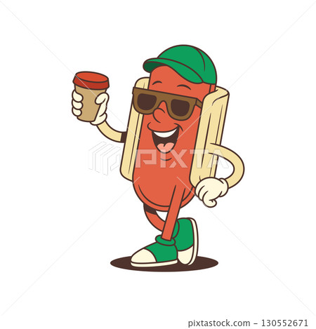 Cheerful Hotdog Mascot in Sunglasses Holding Coffee Cup and Posing with Confidence Vector Illustration Cheerful Hotdog Mascot in Sunglasses Holding Coffee Cup and Posing with Confidence Vector Illustration 130552671