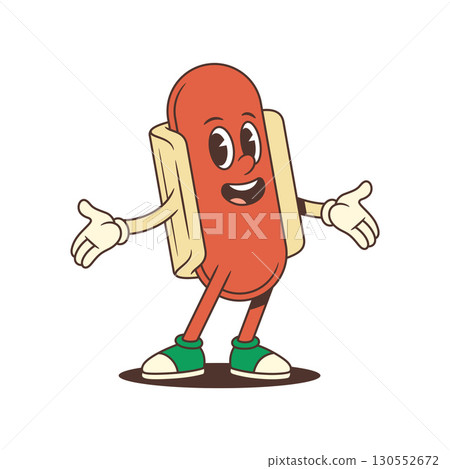 Friendly Hotdog Mascot with Open Arms and Expressive Smile Welcoming Viewers Vector Illustration 130552672