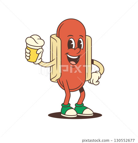 Joyful Hotdog Mascot Holding Ice Cream Cone with Energetic Pose Vector Illustration Joyful Hotdog Mascot Holding Ice Cream Cone with Energetic Pose Vector Illustration 130552677