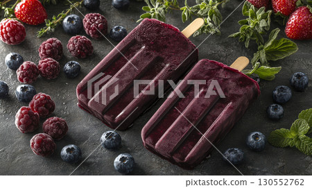 Colorful berry ice cream popsicles decorated with whipped cream, herbs, and frozen fruit on dark textured surface. Creative and vibrant summer dessert display. 130552762