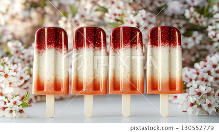 White, dark and milk chocolate on stick, creamy with almond and hazelnuts. Modern minimal food photography summer dessert vibes. 130552779