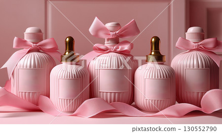 Row pink bottles oil, concentrate, serum, blank brand label, multicolored satin ribbon and gold cap pastel background, minimalist design. Cosmetics advertising concept, mockup, place text 130552790