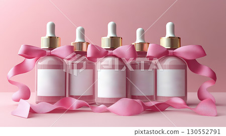 Row pink bottles oil, concentrate, serum, blank brand label, multicolored satin ribbon and gold cap pastel background, minimalist design. Cosmetics advertising concept, mockup, place text 130552791