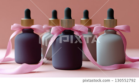 Row dark bottles oil, concentrate, serum, blank brand label, multicolored satin ribbon and gold cap pastel background, minimalist design. Cosmetics advertising concept, mockup, place text 130552792